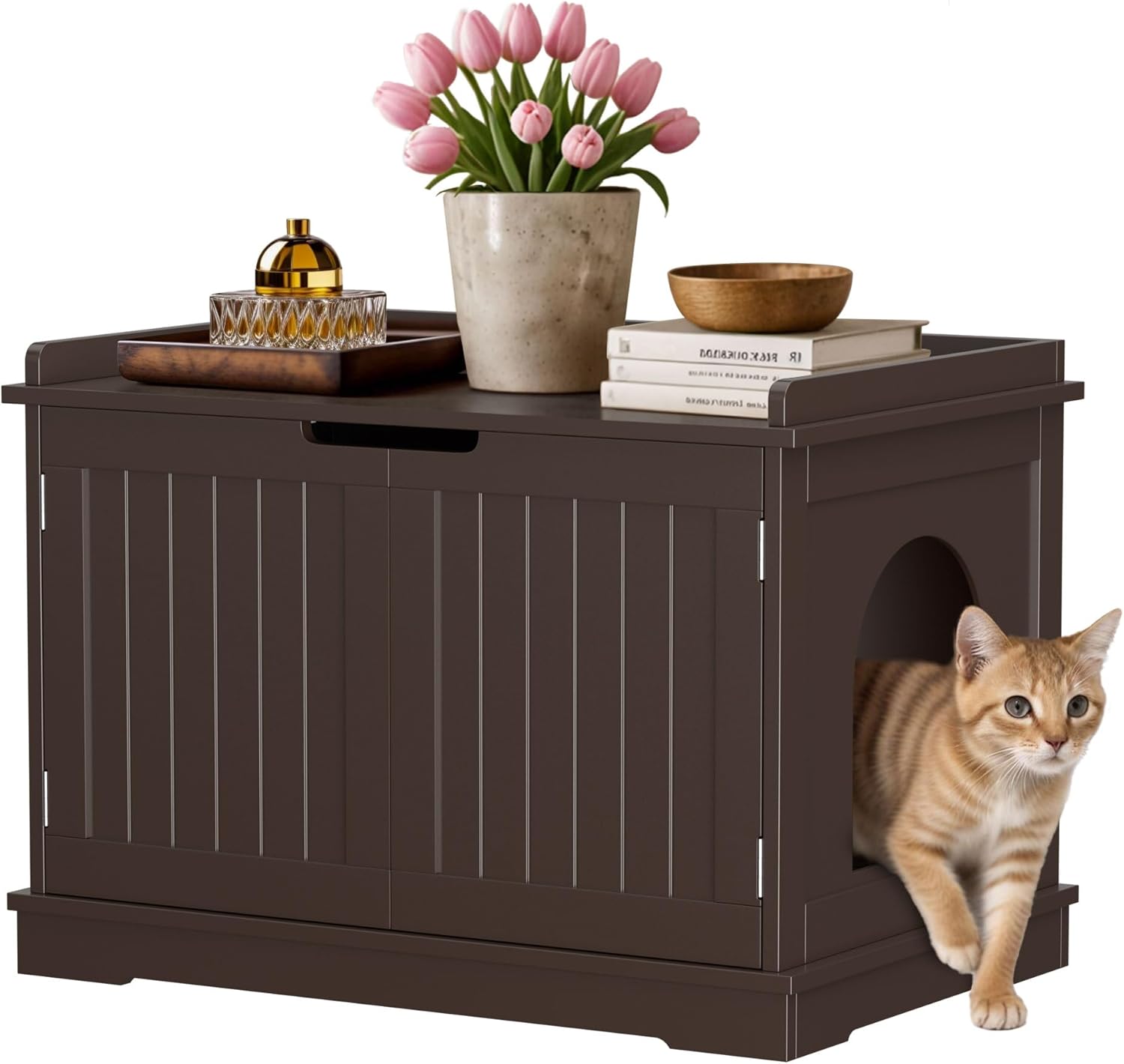 ZENY Cat Litter Box Enclosure Furniture Hidden, Wooden Cabinet with Divider, Modern Cat Washroom Storage Bench，Fit Most of Litter Box, Brown