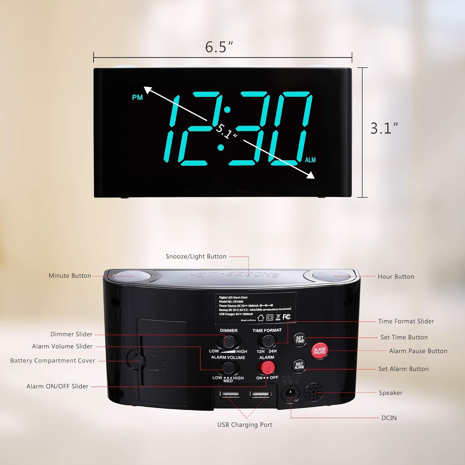 Rocam Digital Alarm Clock for Bedrooms - Large 7" LED Display with Dimmer, Snooze, 7 Night Light, Easy to Set, USB Chargers, Battery Backup, 12/24 Hour for Kids,Boys,Teens,Heavy Sleepers(Blue) : Home & Kitchen