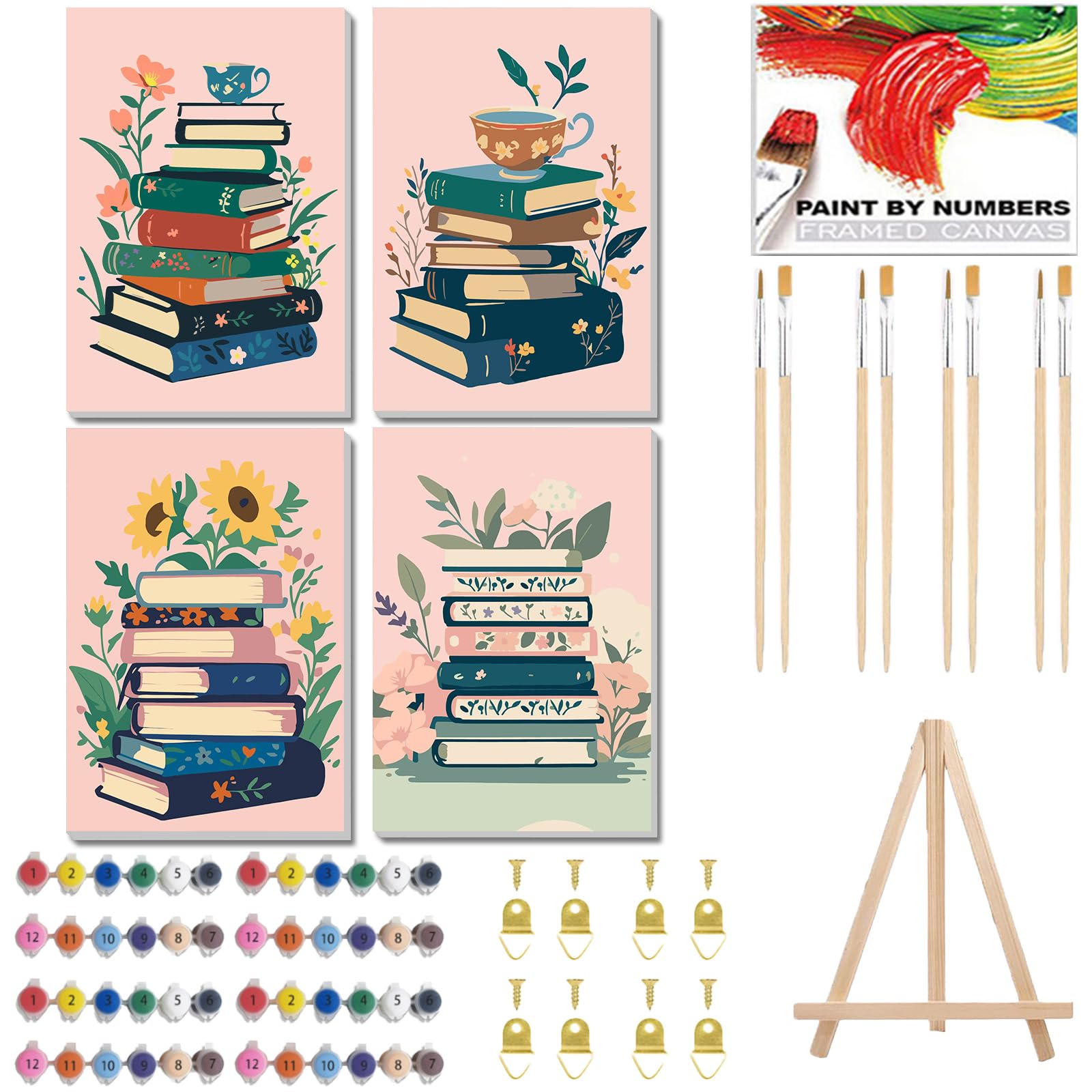 GOUGOUFAFA 4 Pack Framed Paint by Numbers for Adults, Book Painting by Numbers for Adults Beginner, Easy Acrylic Oil Painting Kits Advanced for Home Wall Decor 7.8x11.8in