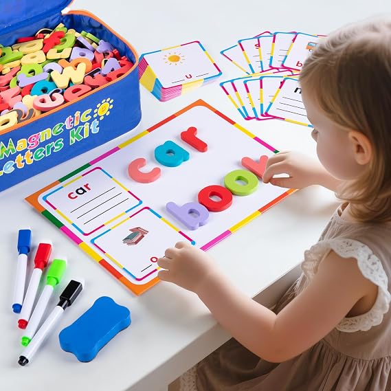 Sundaymot Magnetic Alphabet Letters Kit,310 Pcs with Magnetic Board and Organizer Bag, Upper and Lower Case Wooden Letters, Educational Toy Set for Classroom Kids Learning Spelling