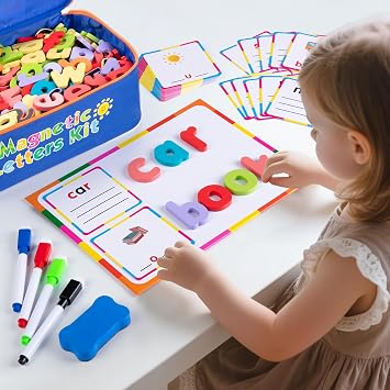 Sundaymot Magnetic Alphabet Letters Kit,310 Pcs with Magnetic Board and Organizer Bag, Upper and Lower Case Wooden Letters, Educational Toy Set for Classroom Kids Learning Spelling