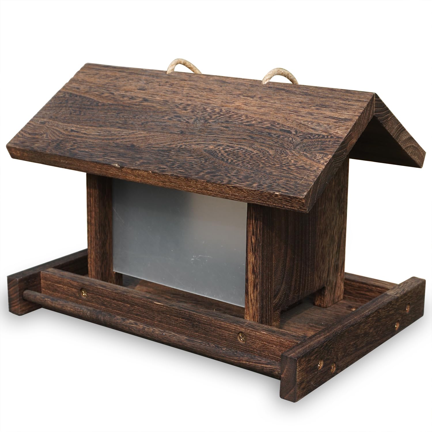 Zeqeey Hanging Wooden Bird Feeder, Large Capacity Wood Birdfeeder for Feeding Outside Garden Wild Birds Finches Robin Sparrow Blue Jay Chickadees (Dark Wood Color, Rectangle with Flat Side Panel)