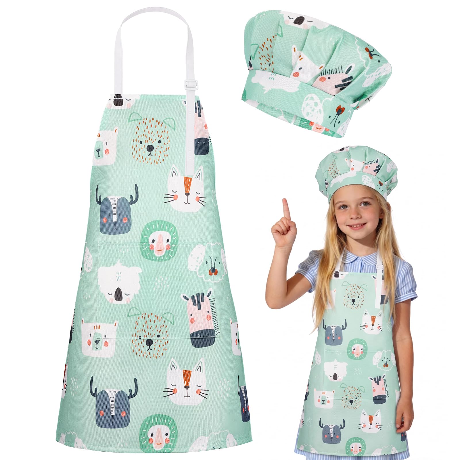 DiULi Kids Apron and Chef Hat with Cute Animal Face Motif Print, Green — image 1