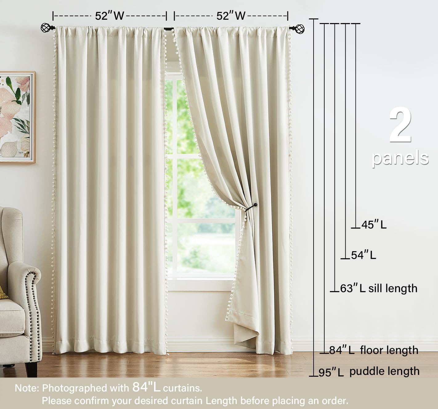 Lot de 2 Rideaux occultants à Pompons pour fenêtre de Chambre à Coucher, 213,4 cm, écoénergétique, Isolation Thermique, Salon, Cuisine, Chambre d'enfant, Ivoire, 132,1 cm de Large x 132,1 cm de Large