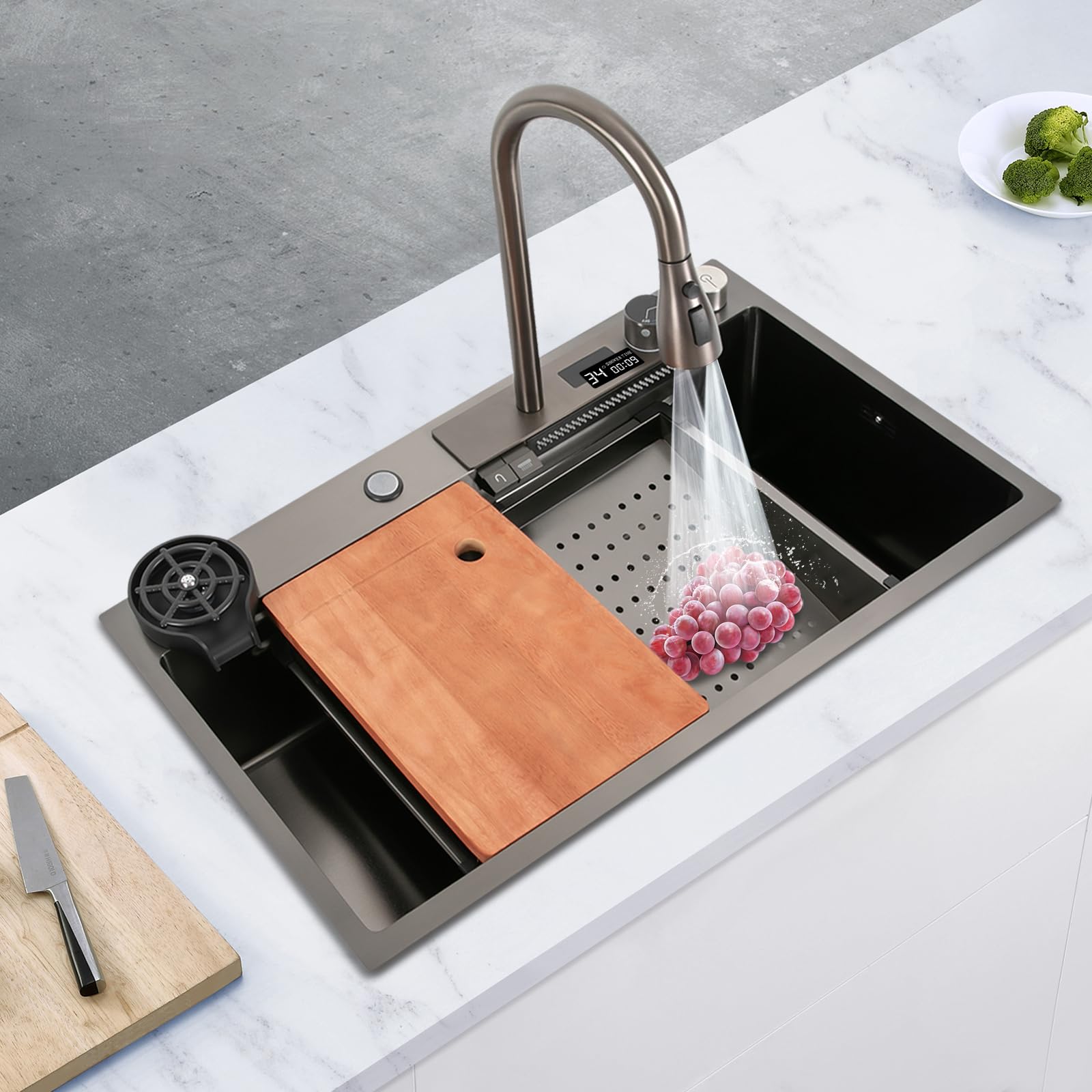 80 * 46 * 20 cm Küchenspüle Wasserfall-Spülbecken Küchenspülen Digitalanzeige Wasserfall-Spüle multifunktionalem Edelstahlspüle Mit Küchenarmaturen