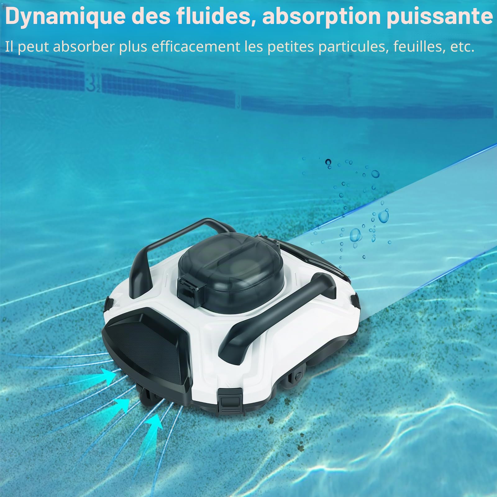 Robot Piscine Double Moteur, stationnement Auto, Batterie 5000mAh, 110min, Filtration 200μm, IPX8, idéal Fond Plat ≤85m²
