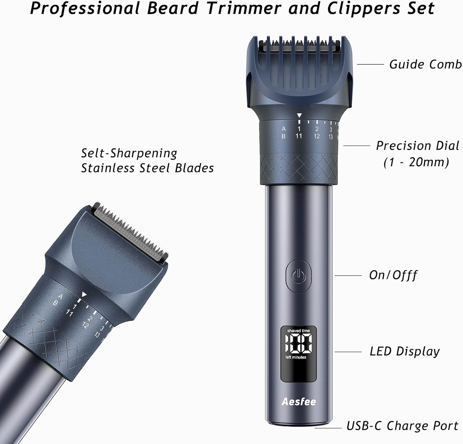 Beard Trimmer and Clippers Set for Men with Foil Shaver, Professional 3-in-1 Mens Shaving Fades Kit with Nose Trimmer, IPX7 Waterproof Wet/Dry, Precise Dial Adjustable 20 Settings, USB-C Rechargeable