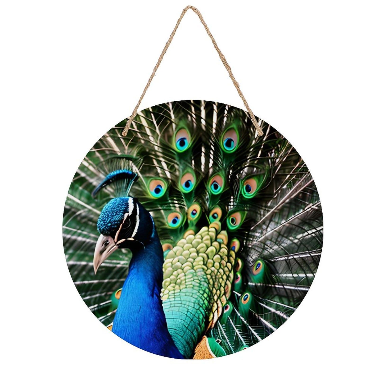 VstaDank Peacock Wall Art Decor with Ropes Wooden Hanging Sign Hanging Wall Decor Artwork Round Wood Painting Modern Wall Prints Decor Picture for Office Bar Home Decors