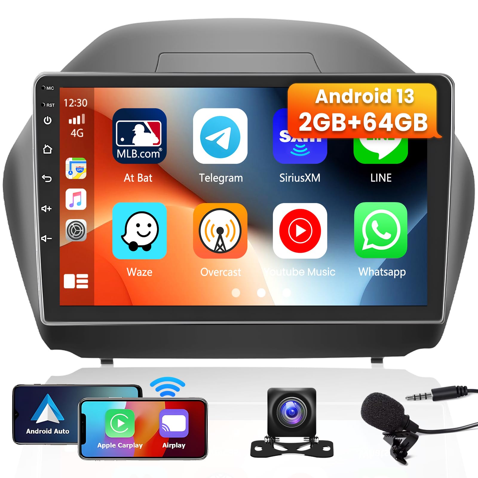 for Hyundai Tucson IX35 2010 2011 2012 2013 2014 2015 Android Car Stereo, 2+64GB 10.1 Inch Touchscreen Car Radio with Wireless Carplay/Android Auto/GPS Navigation/WiFi/Bluetooth/FM/RDS + Backup Camera
