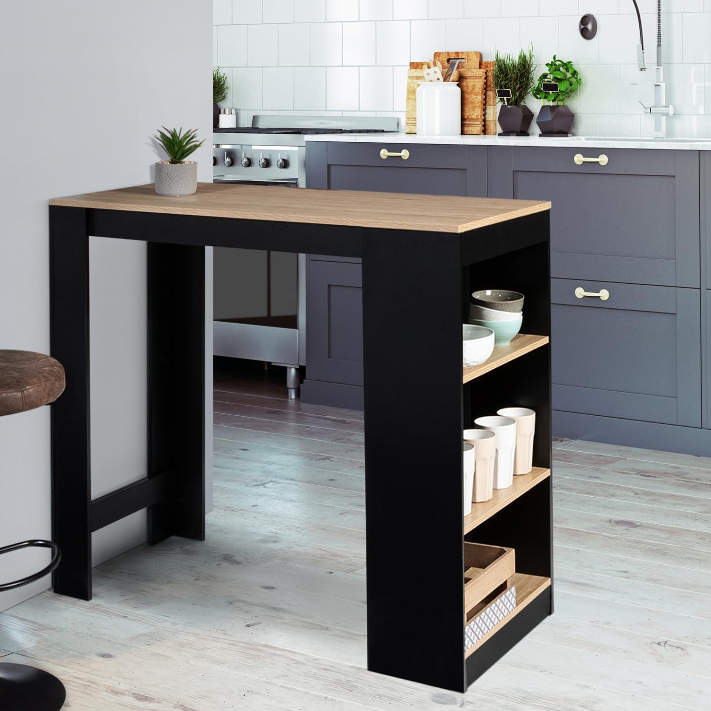 IDMarket - Tavolo da bar BARTH per 2-4 persone, legno nero, piano in faggio