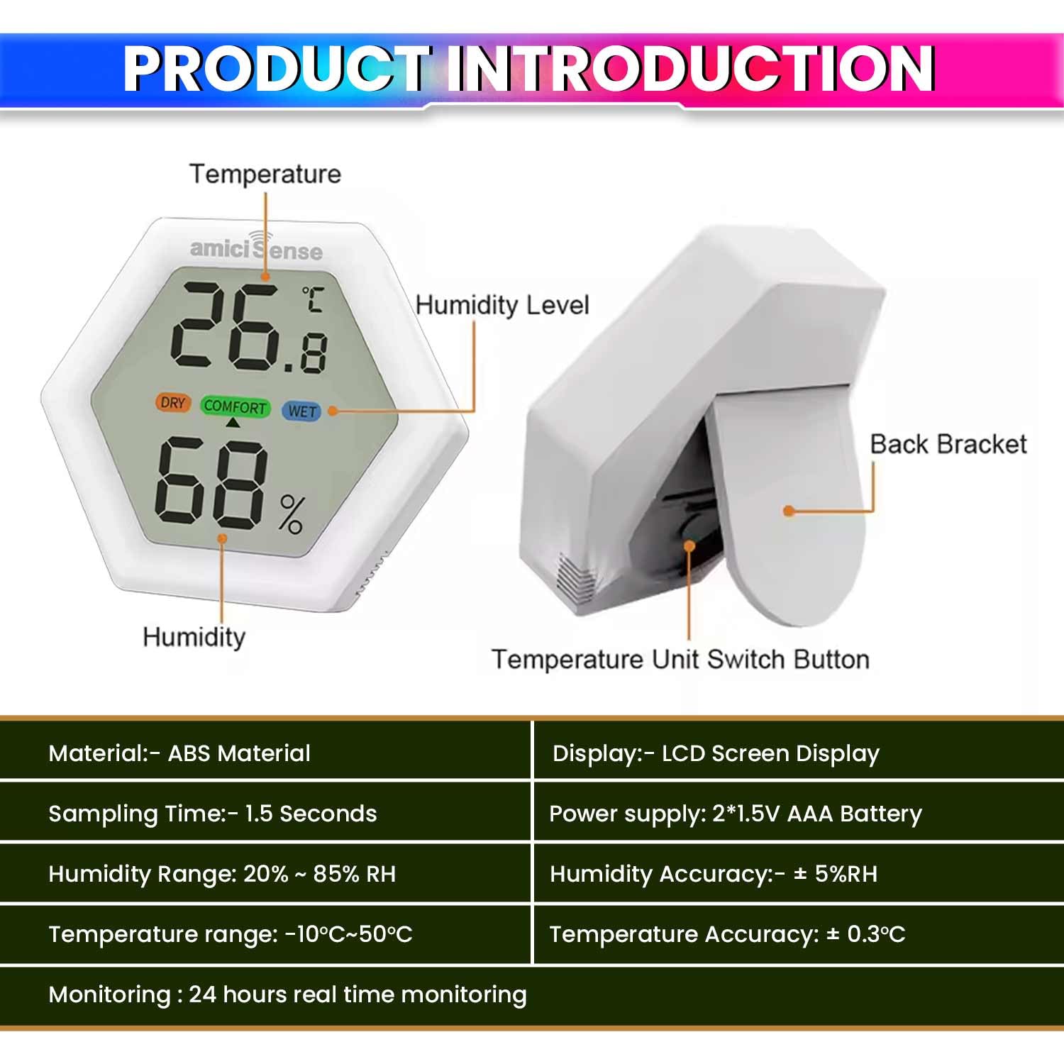 amiciSense Digital Hygrometer Thermometer, Temperature and Humidity Meter with 1.5 sec Fast Sampling and Large LCD Display - Image 3 thumbnail