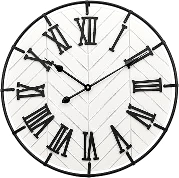 EMAX HOME 24 Inch Large Wooden Wall Clock Extra Large Farmhouse Wall Clock with 3D Roman Numerals, Modern White Round Wood & Metal Clock for Living Room, Silent & Accurate Timekeeping
