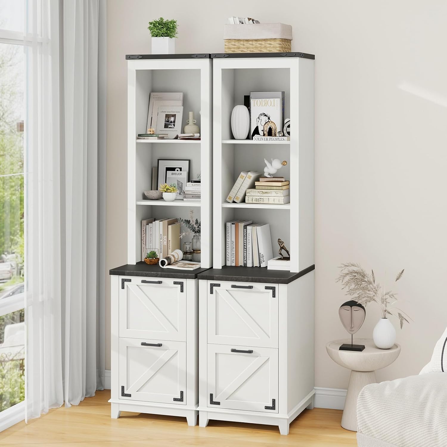 Vabches Tall Bookcase, Farmhouse Bookshelf with 3-Tier Open Shelves, Tall Storage Cabinet with 2 Dawers, Farmhouse Wood Bookcase for Home Office, Black