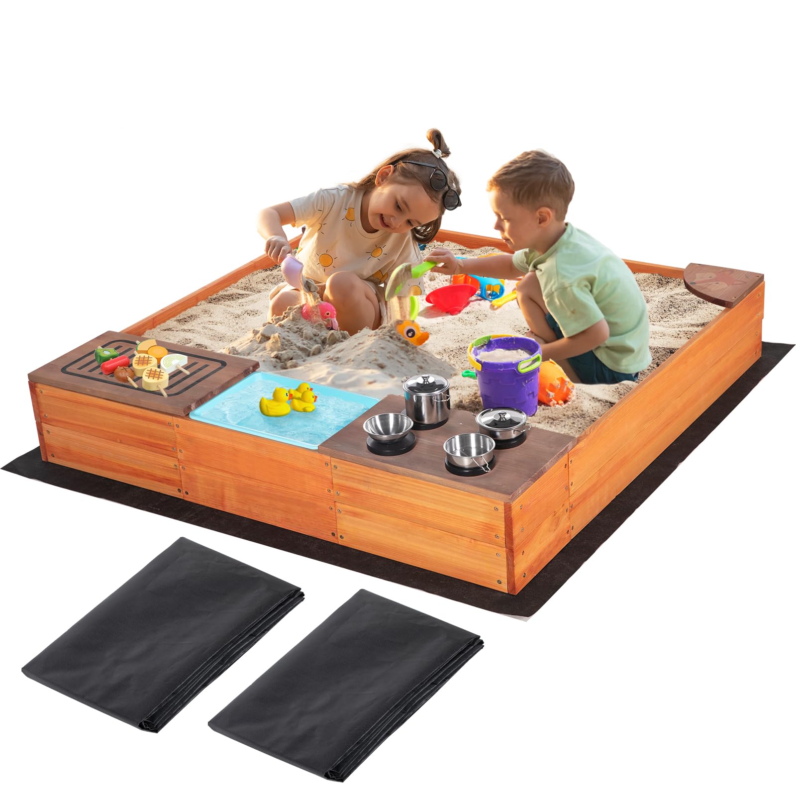 BRINJOY Kids Sandbox with Kitchen Playset, 2 in 1 Wood Sand Pit with Cover & Bottom Liner, Outdoor Toddler Sand Box with Corner Seats, Storage Bin, Sink & Cooking Accessories for Garden Beach Backyard