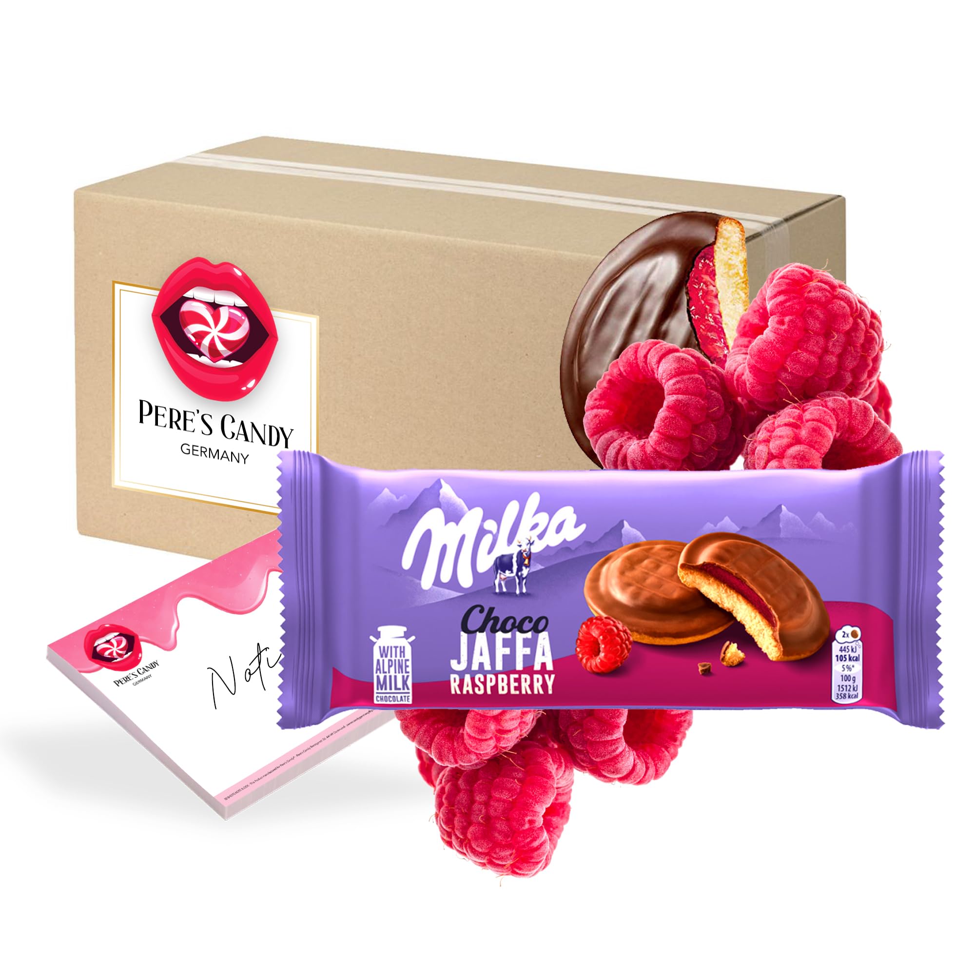 Pere's Candy Bundle für Milka Choco Jaffa Himbeer 3 x 147g + Pere's Candy Notepad DIN A7-25 Blatt