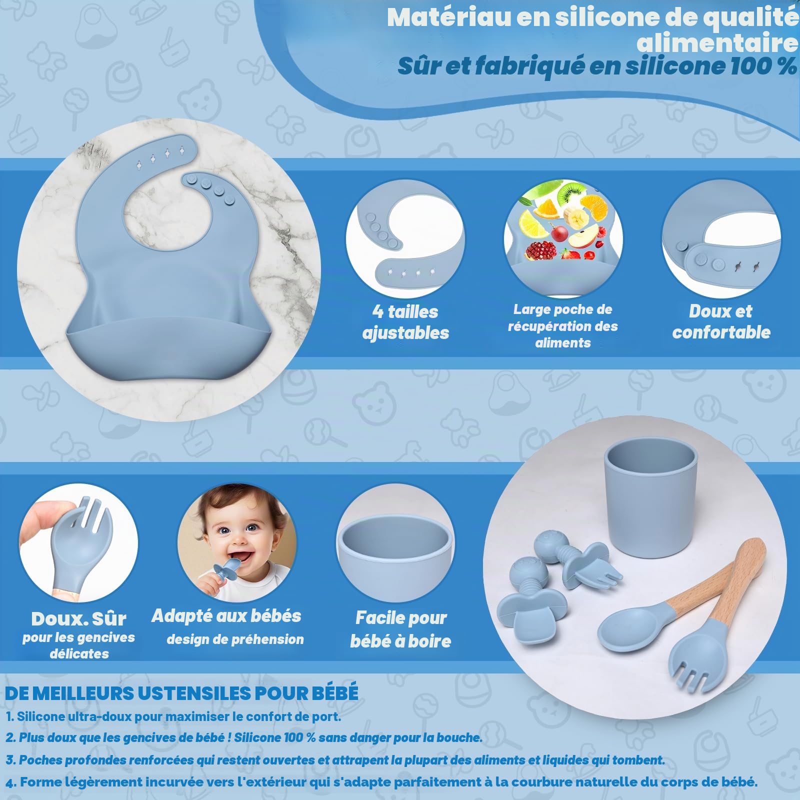 Assiette bebe Set, 11 Pièces Coffret Repas Bebe Silicone, Vaisselle Assiette ventouse pour bébé, Bavoir Silicone Bebe, Cuillère, Enfant Set Couverts Vaisselle Pour Sevrage Manger (Bleu)