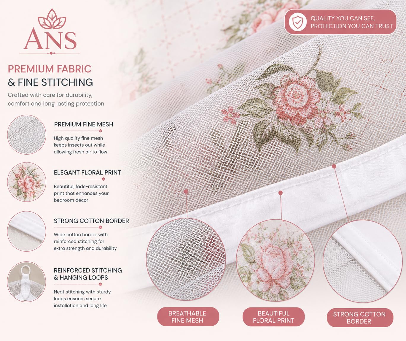 ANS Mosquito Net for Bed Floral Print with Cotton Border, Breathable Free Air Flow Hanging Mosquito Net, Fine Mesh Insect Protection Net, Washable Lightweight Bed Net for Home Use, White Floral 1