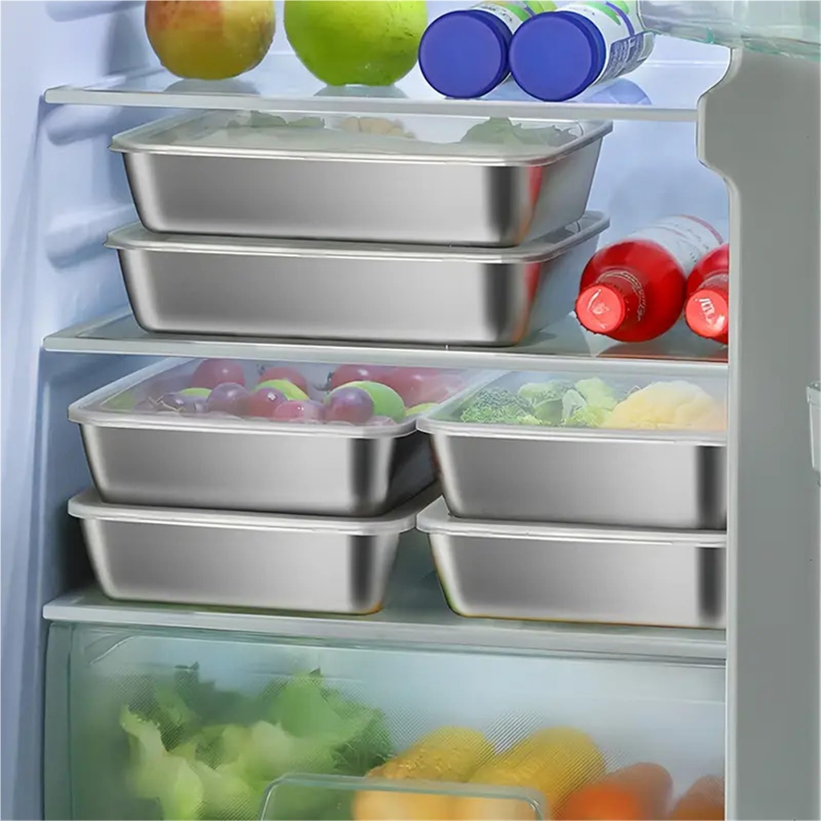 6 Stück Edelstahl-Frischhaltebox, stapelbare Aufbewahrung für Salate