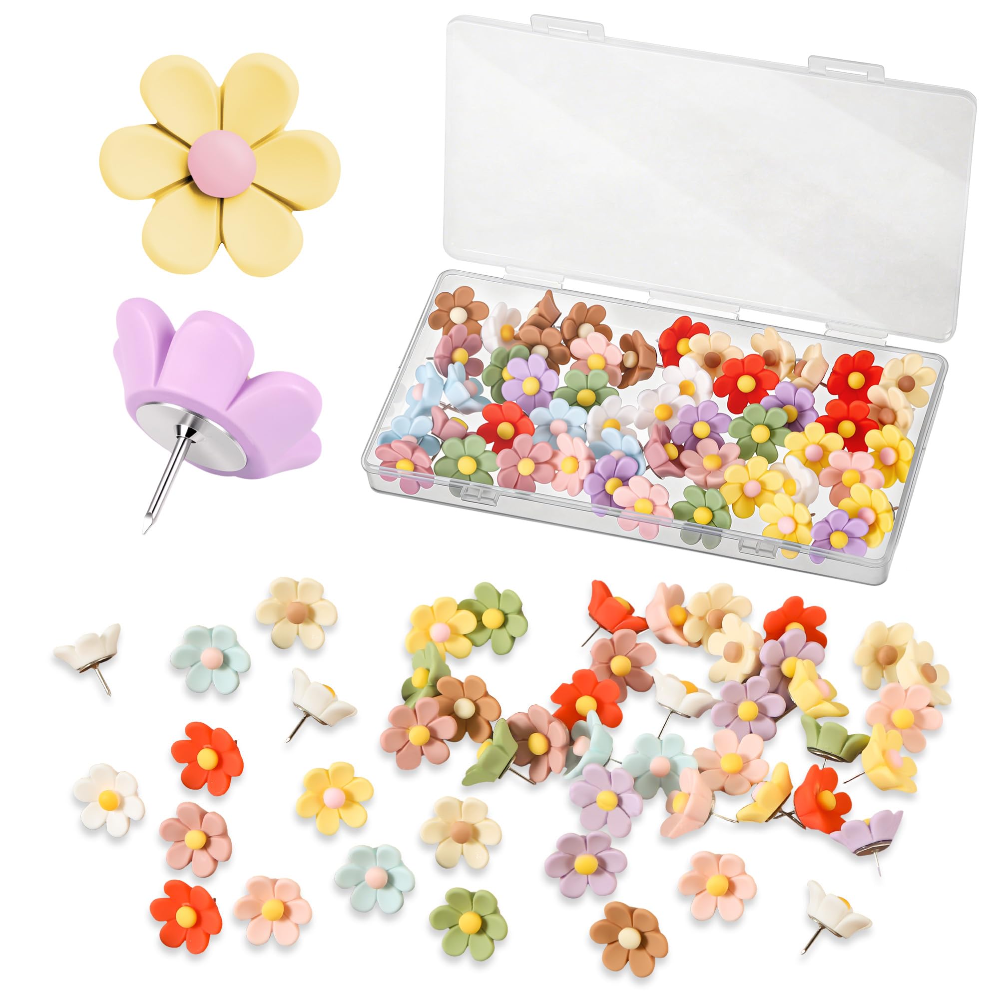 Huiguli 100 pcs Flower Drawing Pins for Pin Board, Reusable Push Pins with Plastic Storage Box, Cute Colorful Cork Board Pins for Notice Board, Rustproof Thumb Tacks for School, Office, Home