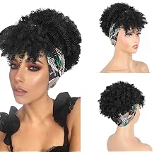 Copbopwn Kinky Curly Wig with Bangs Head Wrap Short Afro Wig 2-in-1 for Black Women Afro Puff Wigs with Adjustable Headband Heat Resistant Synthetic Hair Natural Looking Wig for Daily Cosplay