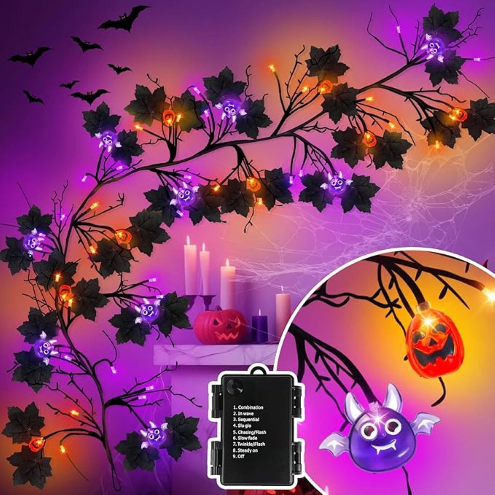 54 diody LED, Halloween, wierzba, winorośl, sztuczne rośliny, łańcuch świetlny, 8 trybów, możliwość ściemniania, elastyczne, DIY, gałąź drzewa, na imprezę, wystrój domu