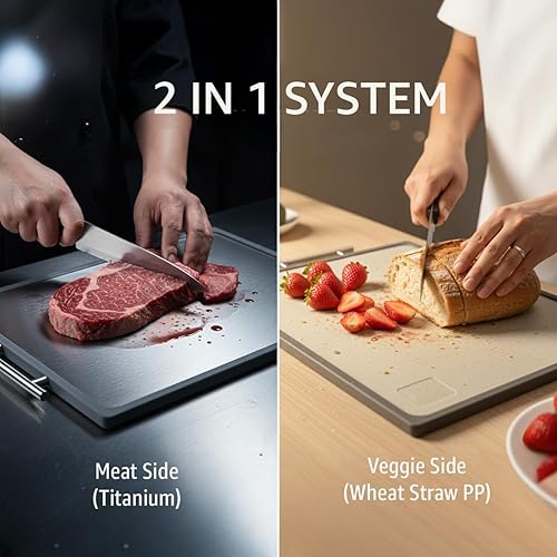 Miniatura 4 de Tabla de cortar de titanio XL de 16.7 pulgadas (3.5 libras resistente), doble cara para carne y verduras con mango de acero inoxidable 304, apta