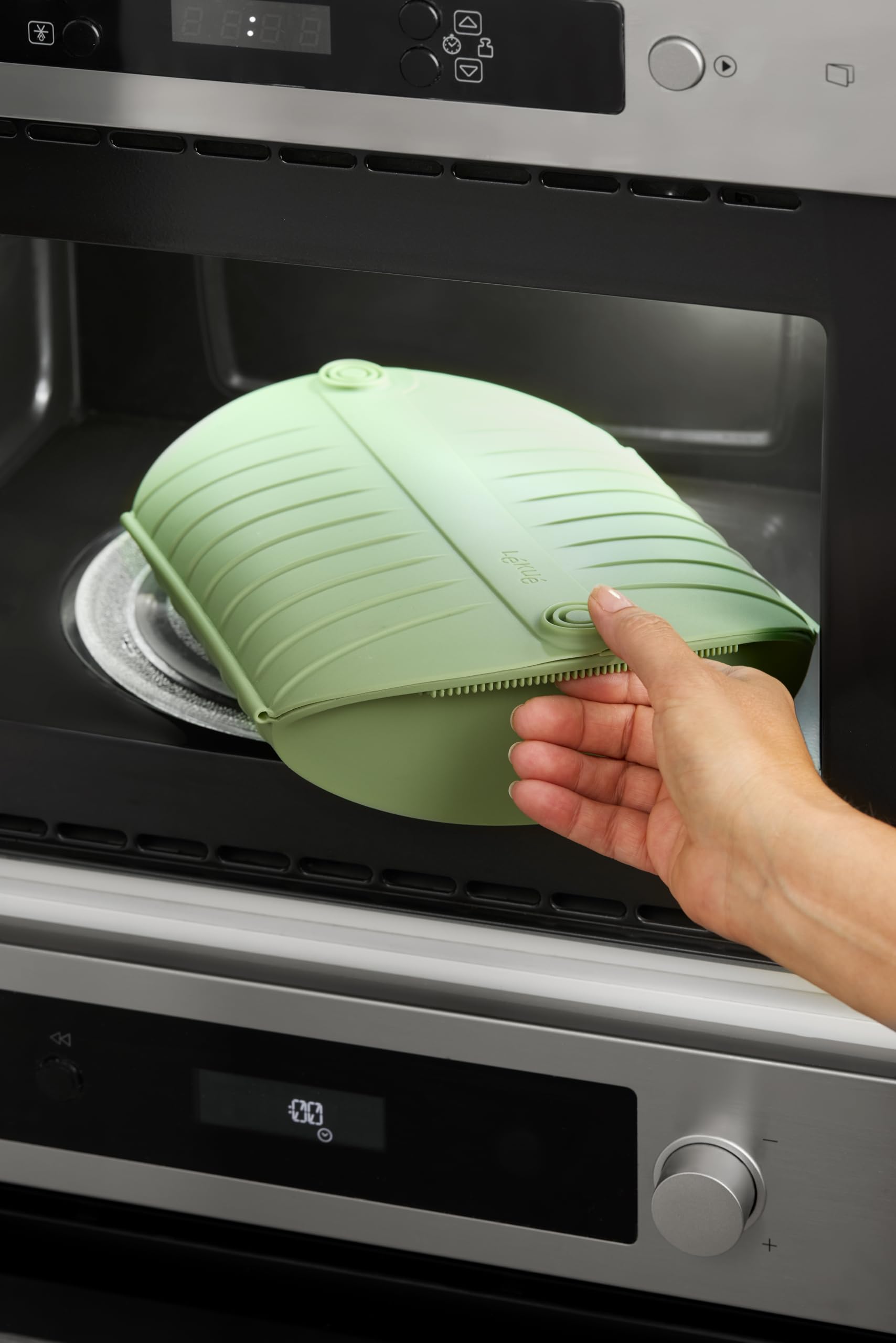 Lékué Coffret vapeur silicone platine vert avec plateau, 3-4 personnes, 1400 ml