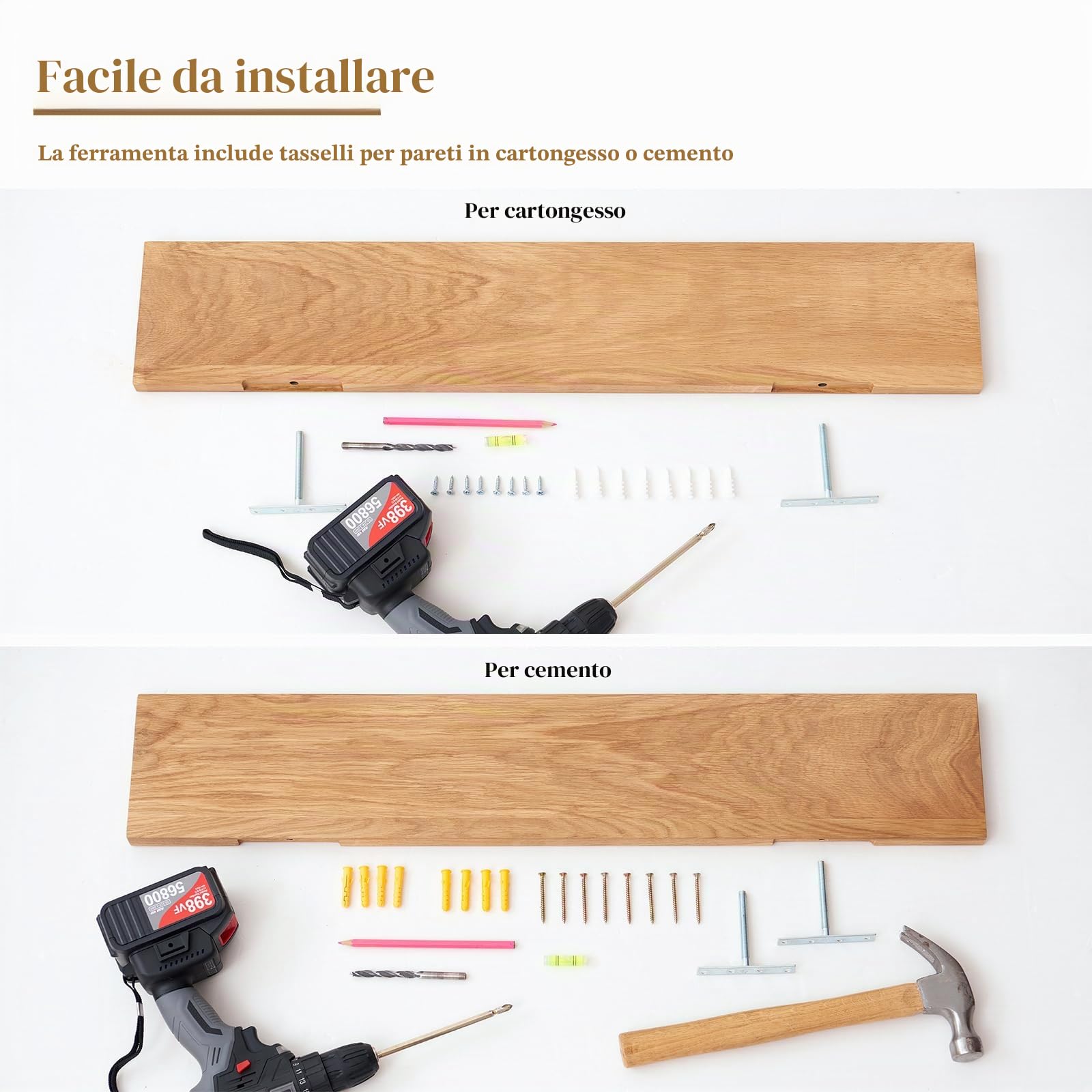 Mensola da Muro di Quercia, Mensola da Parete, Scaffale Galleggiante in Legno Massello per camera da letto, soggiorno, cucina, ufficio a casa, lavanderia (90 cm)
