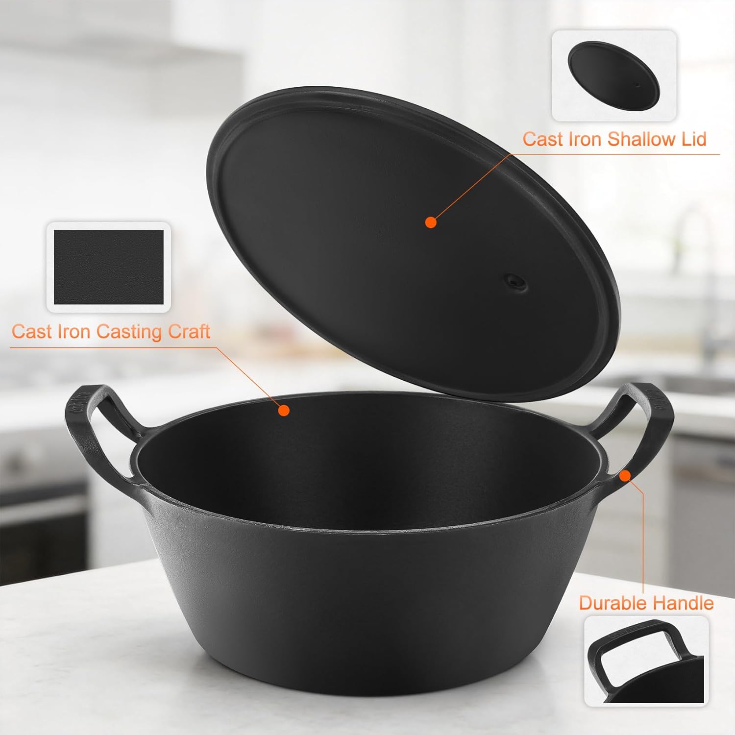 Onlyfire Cast Iron Dutch Oven, Pre Seasoned Dutch Oven Pot with Lid & Handle for Induction, Gas & Oven and Campfire, Cast Iron Skillet Cookware for Bread, Frying, Baking, 5.5 Quart