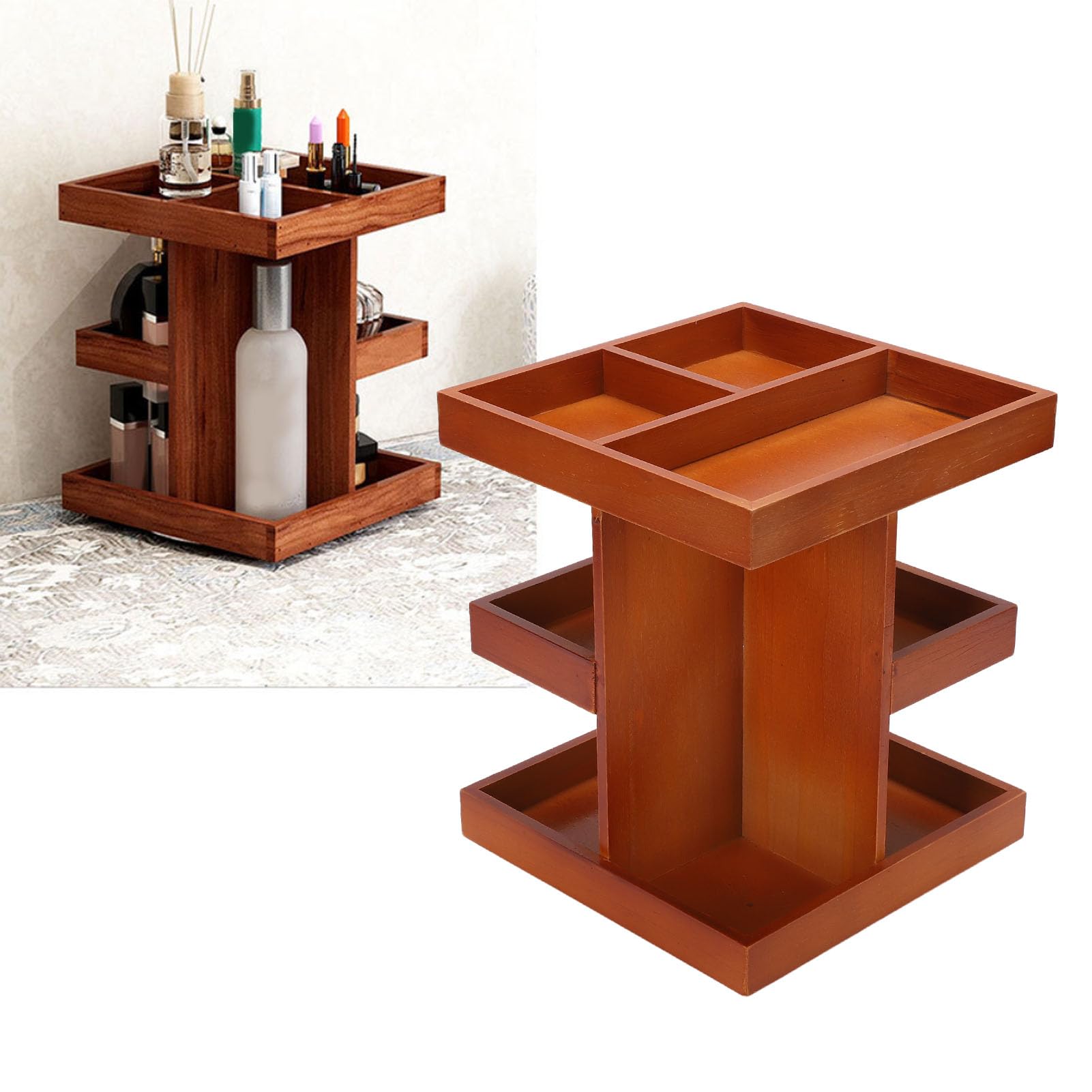 Organizer per trucchi ruotante a 360° in legno con scomparti multipli, portaoggetti da scrivania, espositore per cosmetici, espositore per cosmetici, portaoggetti
