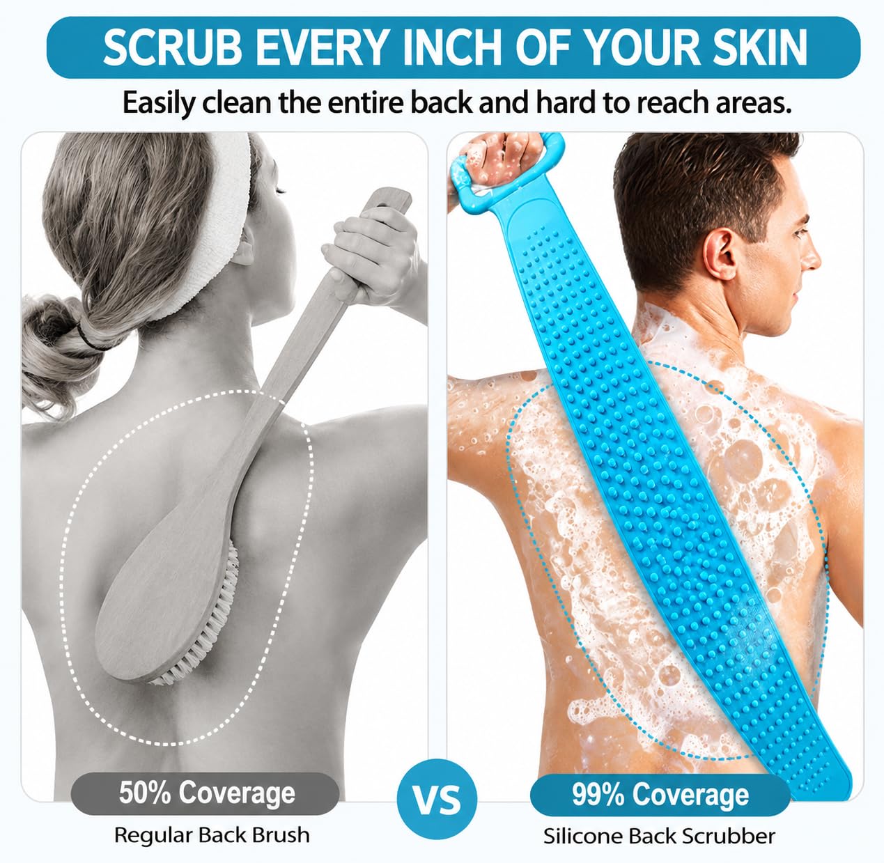 FROXLY Silicone Body Back Scrubber with Handles, Double-Sided Exfoliating Bath  Brush Belt for Shower, Long