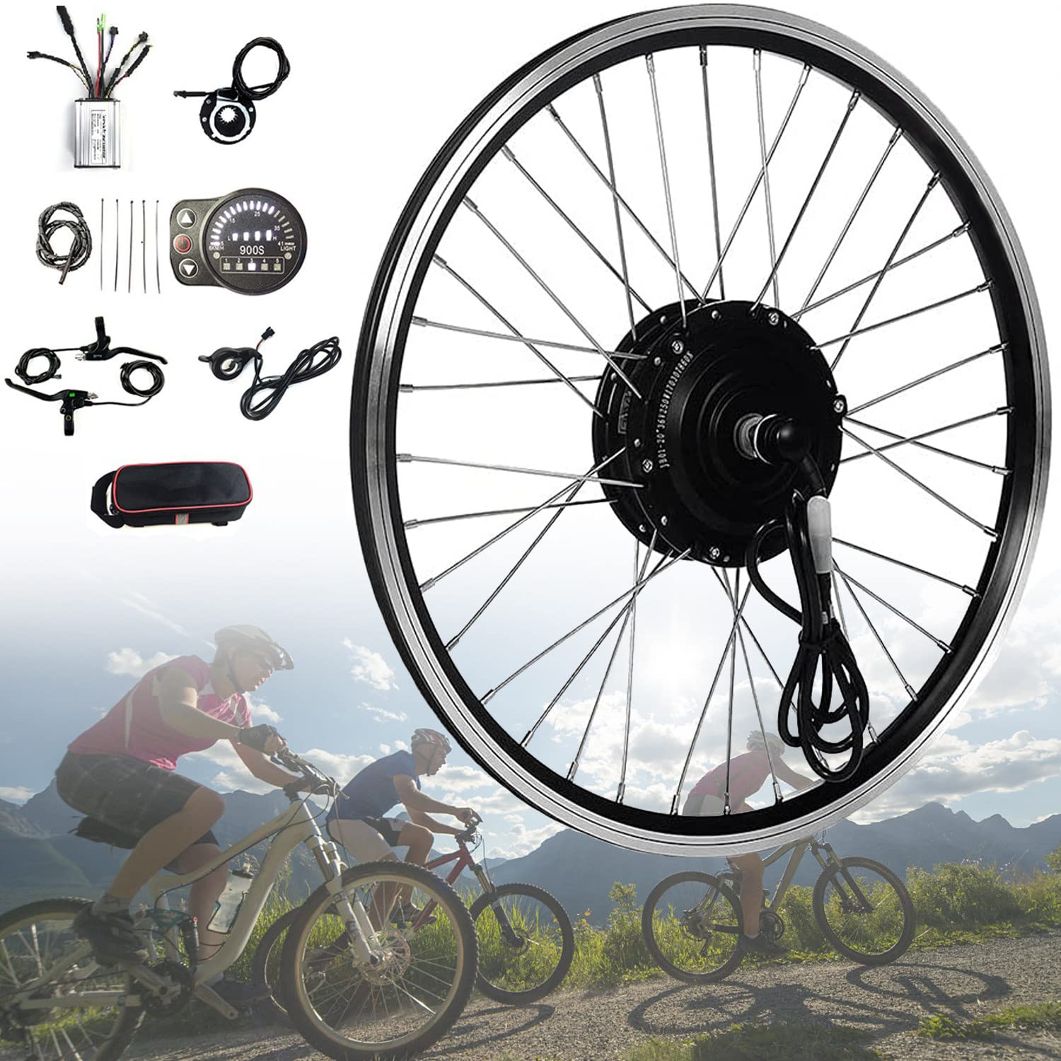 Kit di conversione per Bici elettrica Kit di conversione per Bici elettrica 20"/ 24"/26"/27,5"/28"/29"/700C Kit Trasmissione Motore a Cassetta Posteriore con Display a LED 48V/350W-24inch