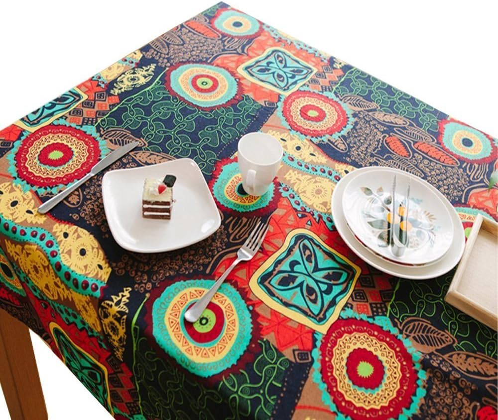 Lemon hour Table Cover, Rectangle Dining Room Modern Tablecloth with Cotton Linen Lace, Colorful Flower Style Dust-proof Table Cloth for Kitchen Living Party Decorative, 140 x 180 Cm/55 x 71 Inch
