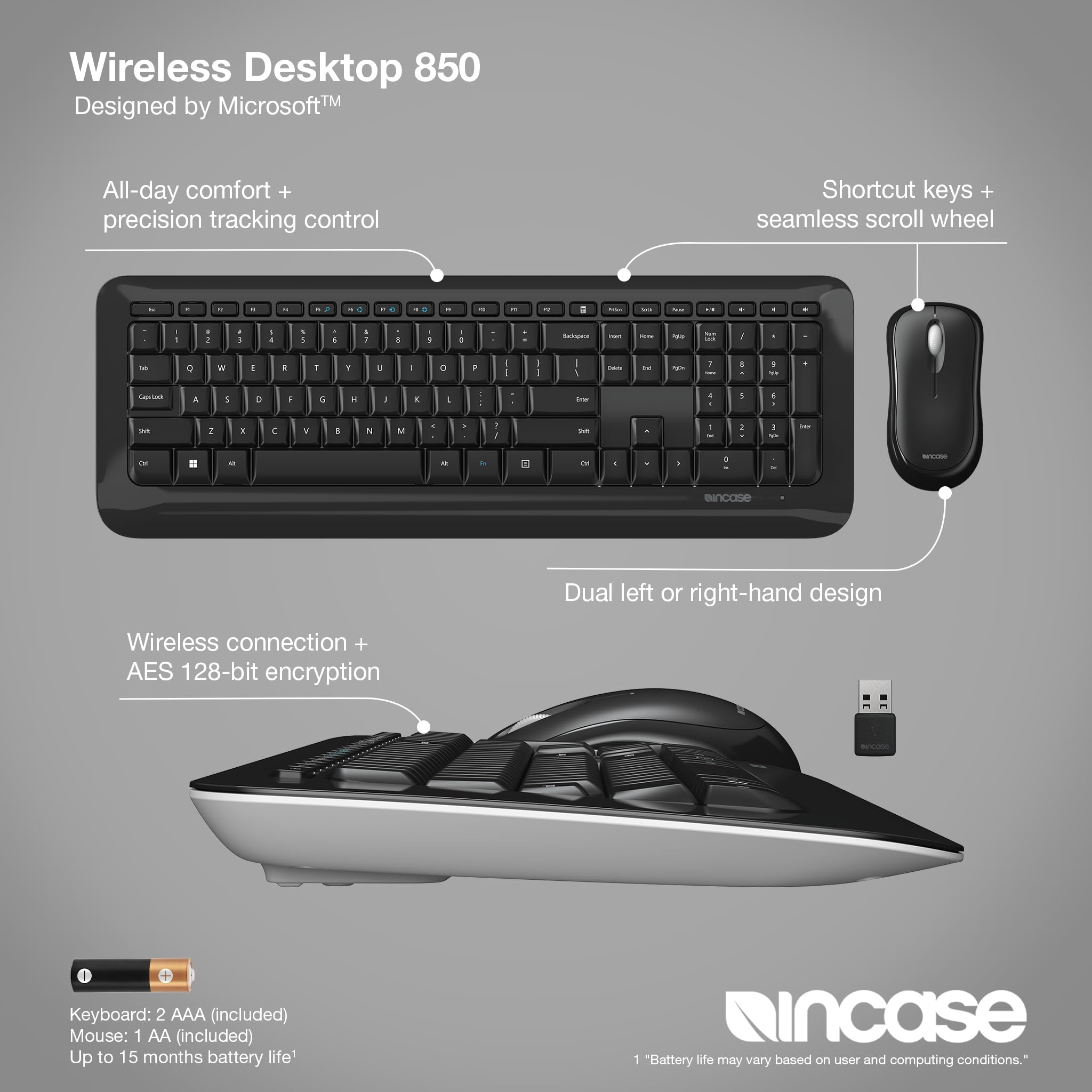 Incase Wireless Desktop 850 Keyboard & Mouse Combo – Designed by Microsoft –Wireless Connection, Precision Tracking, Wireless AES 128-Bit Encryption, Windows Shortcut Keys, Ambidextrous Design – Black