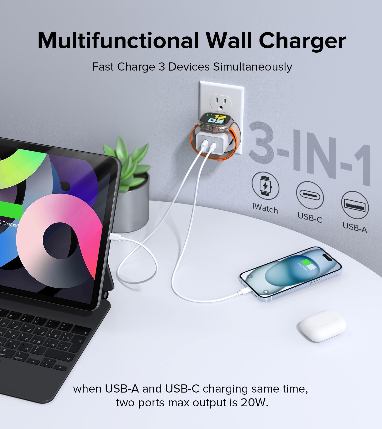 ???????????????? ???????????????????????????????? for Apple Watch Charger, 20W Dual Port USB C Wall Charger Plug Fast Charging Block for iPhone, Travel Charger Compatible with Apple Watch iPhone AirPods iPad