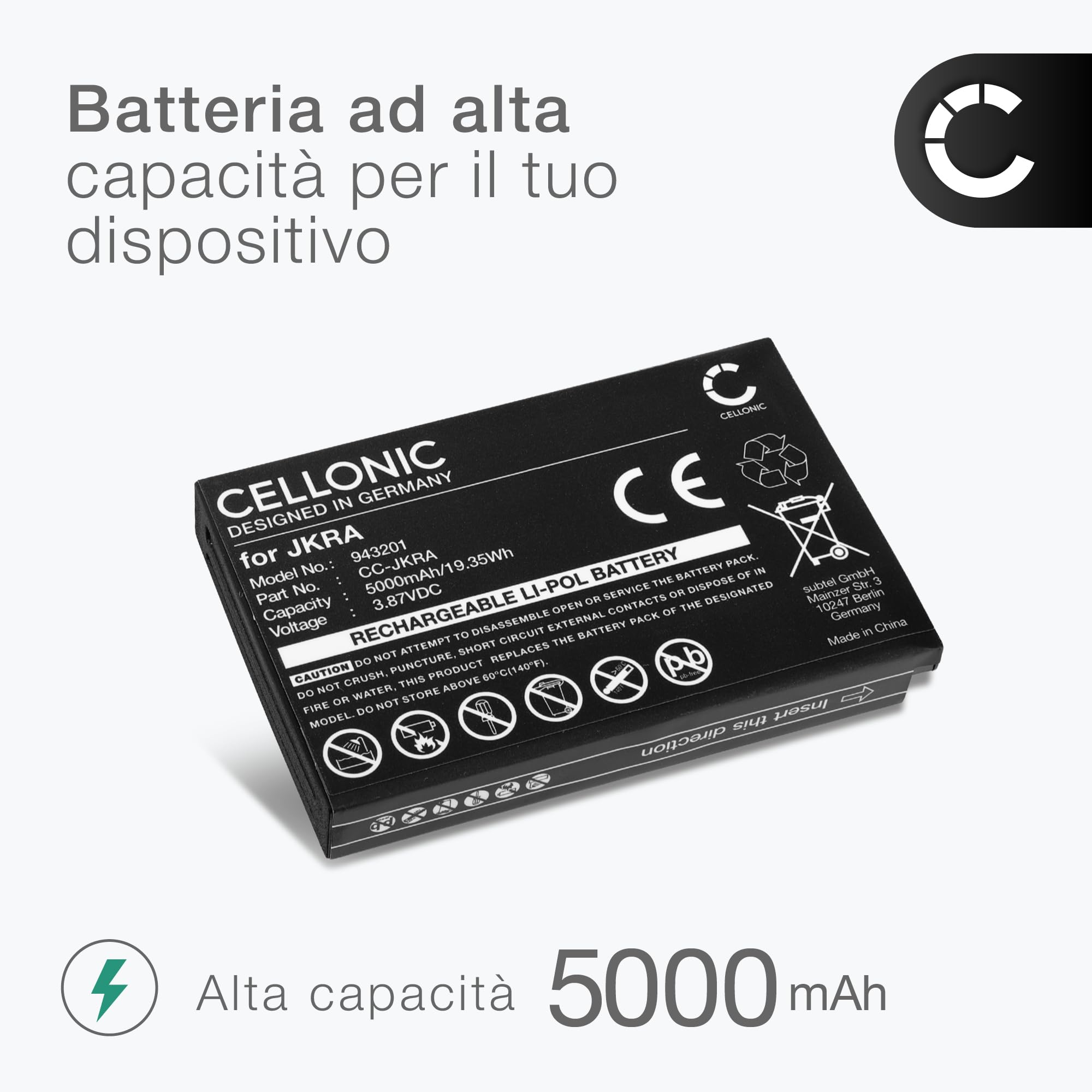 CELLONIC 1x Batteria per Terminale di pagamento/POS Compatibile con Sunmi L2Ks, T8A-10, JKRA – (5000mAh, 3.87V)