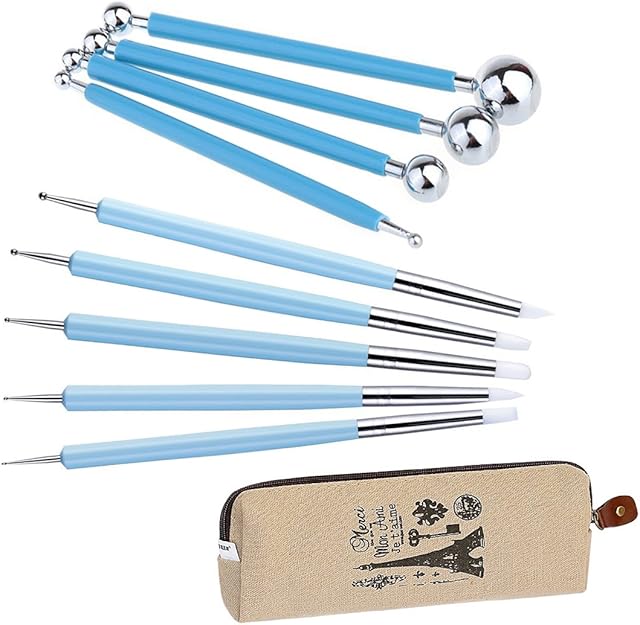 Ecjiuyi 9PCS Sculpting Tools,4PCS Double-Ended Metal Ceramic Clay Ball Stylus Dotting Tools and 5PCS 2 Way Silicone Polymer and Embossin Paper Flower Indentation Tool Set