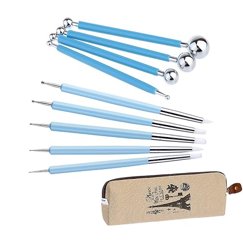 Ecjiuyi 9PCS Sculpting Tools,4PCS Double-Ended Metal Ceramic Clay Ball Stylus Dotting Tools and 5PCS 2 Way Silicone Polymer and Embossing Paper Flower Indentation Tool Set