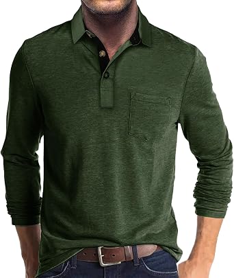 MARSVOVO Mens Polo Shirts Classic Comfy Button Up Long Sleeve Shirts Business Casual Tops with Pocket