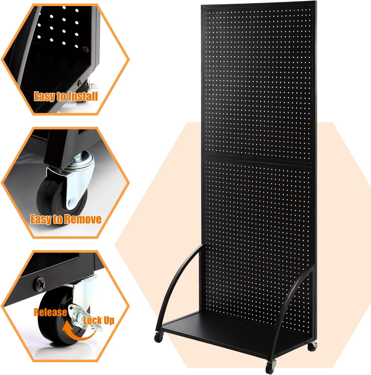 Eastern Tree 2.5'x 6' Metal Pegboard Display Stand with Base Plate, Standing Pegboard Display with Wheels, Peg Board Panels Display Rack, Art Display Stand, Extra 20 pieces Hooks - Black