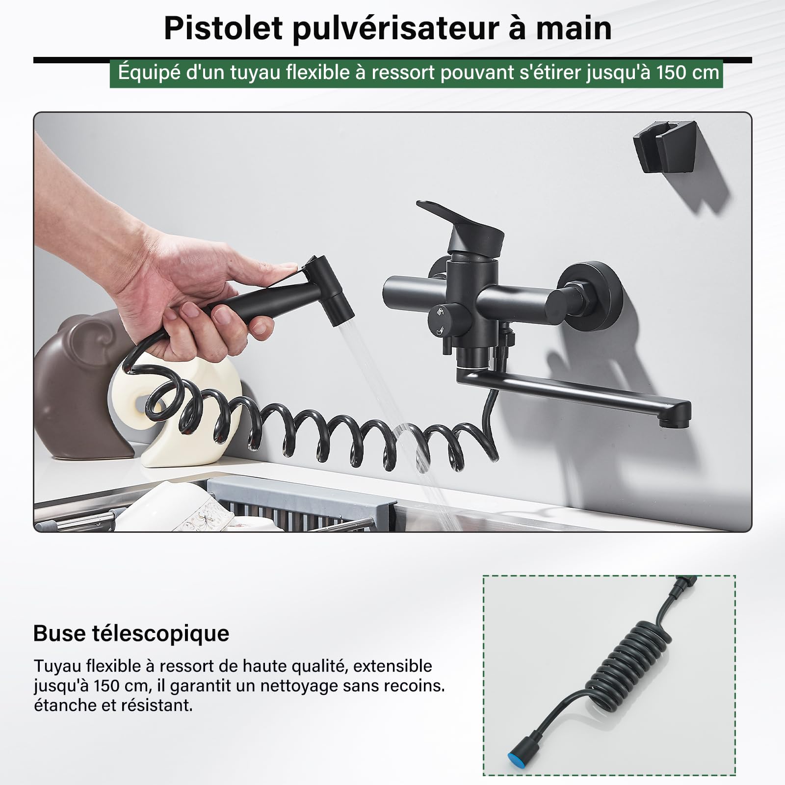 Mitigeur Robinet Cuisine Noir avec Pistolet Douchette Bec 23 cm Pivotant à 360° Robinet Mélangeur Mural pour Évier Acier Inoxydable