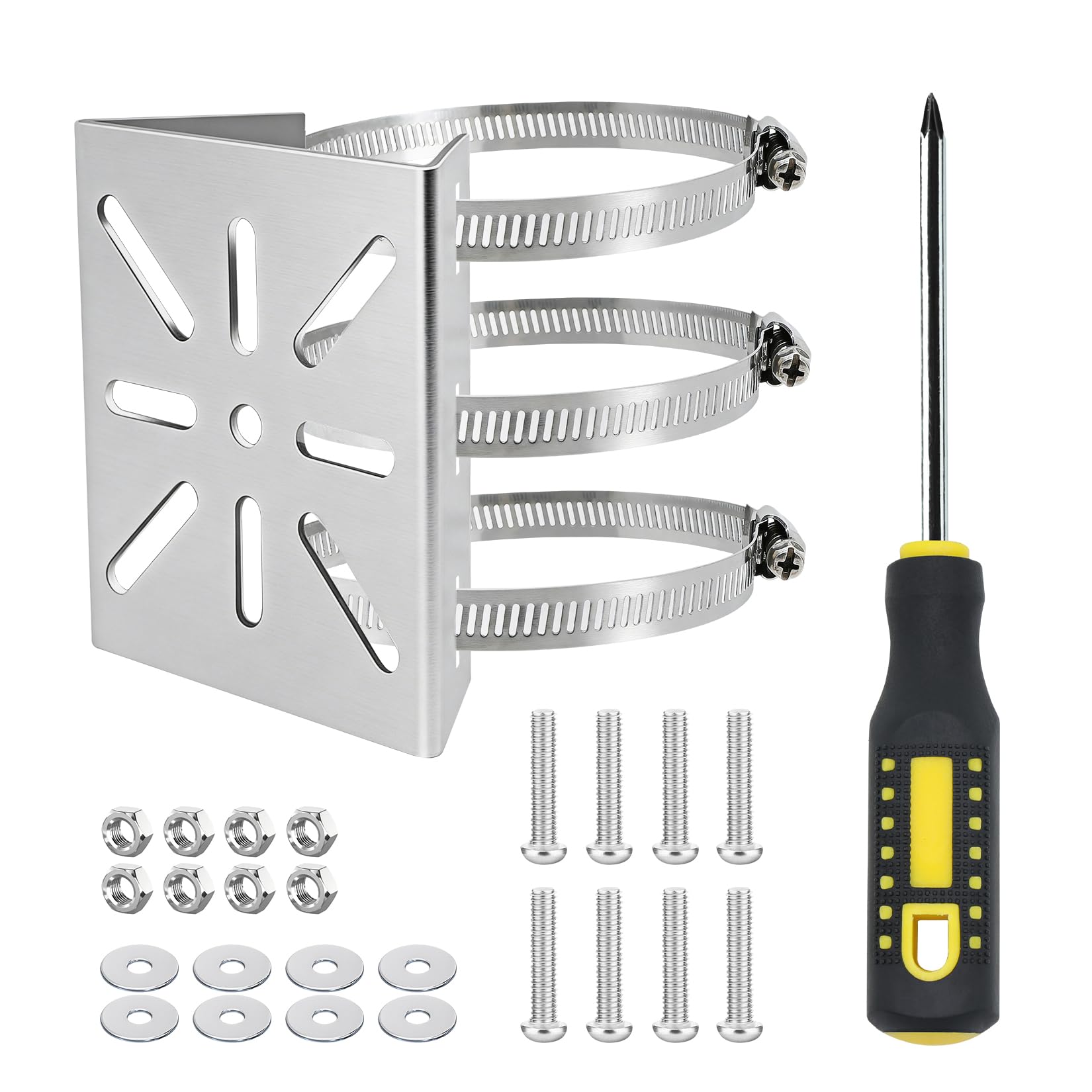 Pole Brackets for Poles,Security Camera Universal Vertical Pole for Bracket, Stainless Steel Camera Bracket Mount for Security Cameras with 3 Loop Pipe Clamps for CCTV Cameras LED Lights Solar Panel