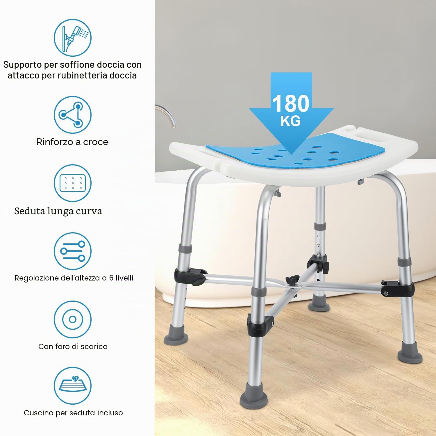 Sgabello doccia per Anziani, 180 kg, in alluminio, antiscivolo, regolabile in altezza, 38-54 cm, con doppia traversa e cuscino, montaggio senza attrezzi