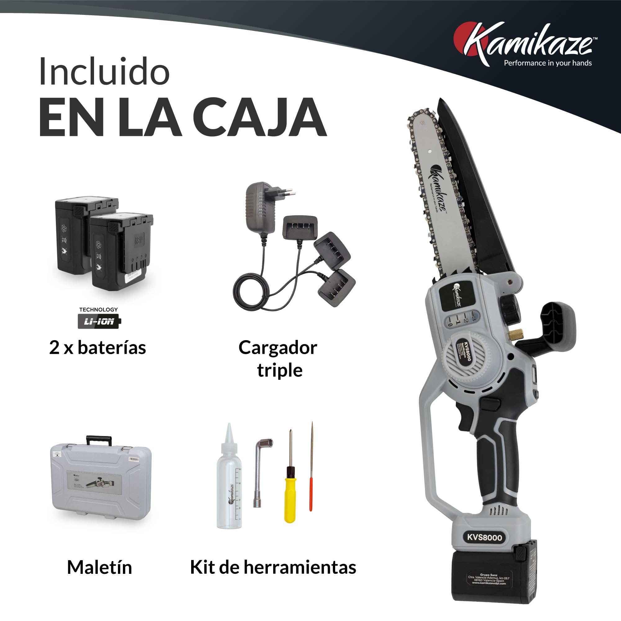 KAMIKAZE Mini Motosierra Eléctrica a Batería - Portátil, 300W, 2 Baterías de 21V 4Ah, Carga Rápida, Mango Ergonómico, Sistema de Seguridad, Corte Ø160mm, Incluye Maletín y Aceite Lubricante