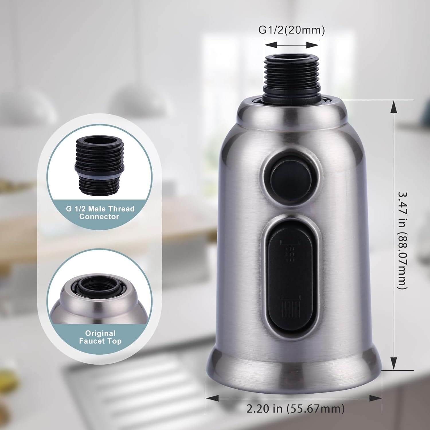 Kitchen Faucet Head Replacement + High Pressure Rain Shower Head Bundle, 3-Function Kitchen Faucet Spray Head with 9 Adapter Kit, with 6 Inch 1.8GPM Fixed Luxury Bathroom Showerhead