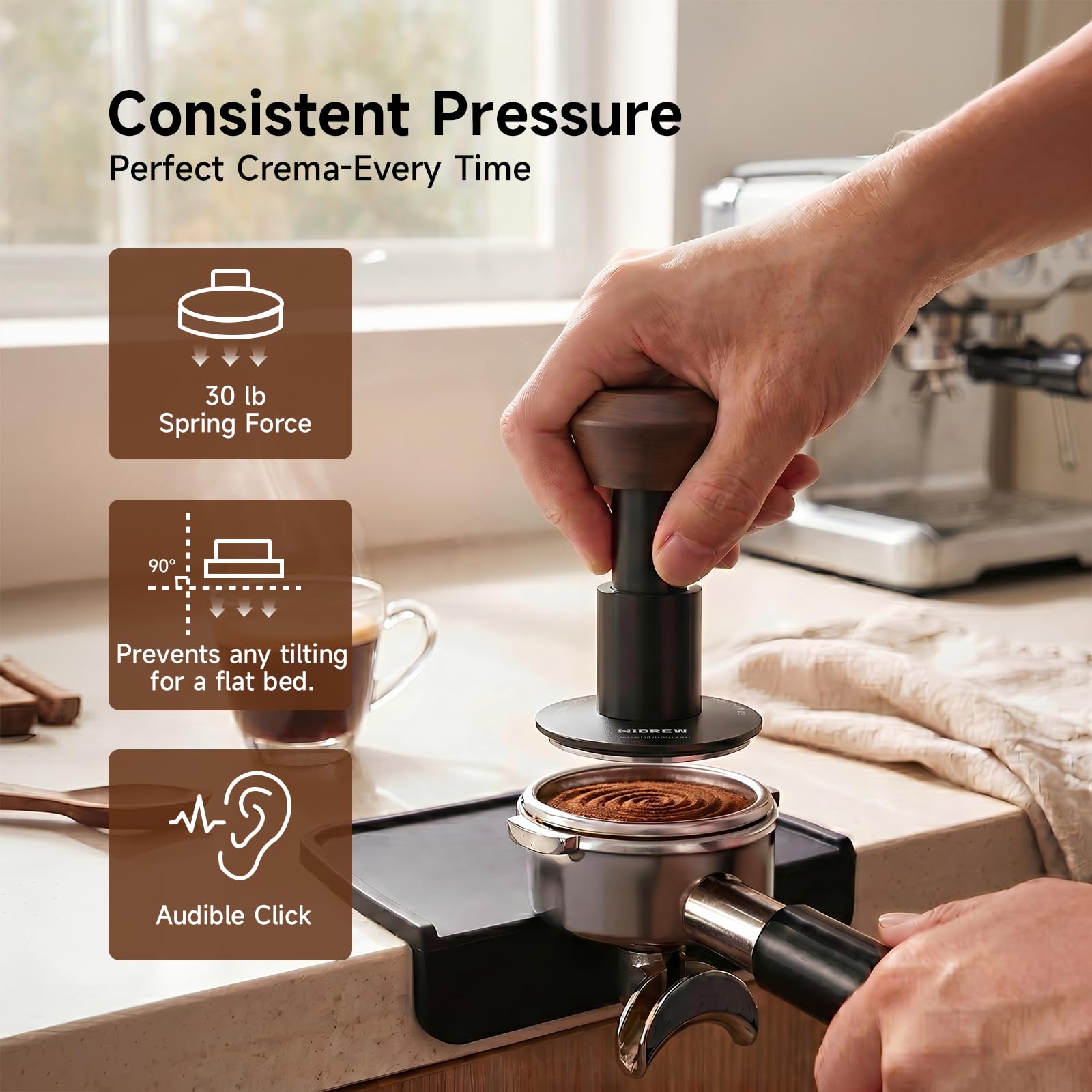 HiBREW Prensador profesional de espresso de 58 mm con resorte calibrado, autonivelante, aluminio anodizado y base de acero inoxidable para H10A