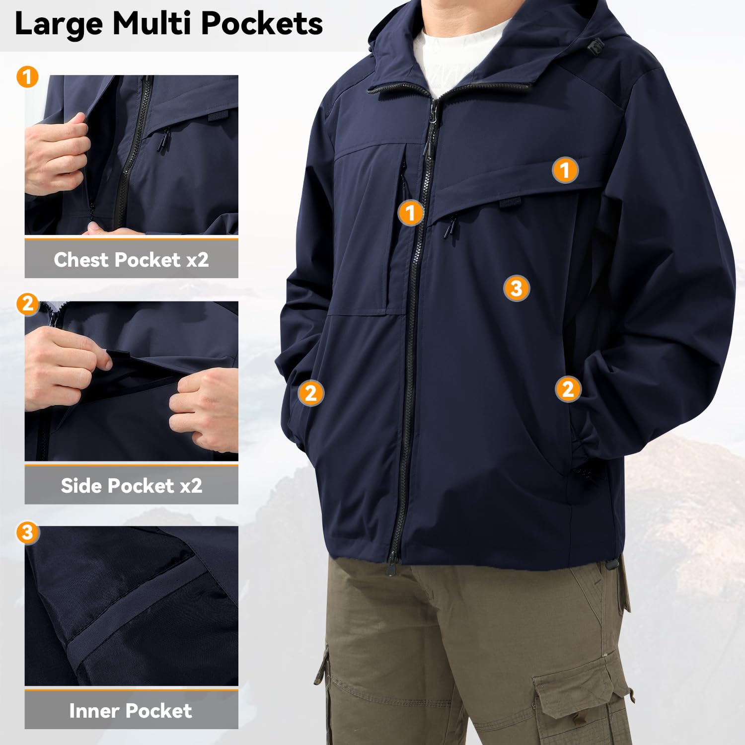 Abrigo Impermeable para Hombre Chaqueta para La Lluvia de Montaña al Aire Libre Cortavientos Ligero Chaqueta Informal de Otoño para Senderismo y Pesca