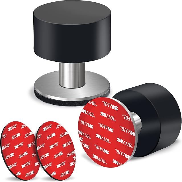2-Pack Door Stops with Extra Stickers, Self-Adhesive Door Stopper with Black Rubber & Stainless Steel Body - Heavy Duty Sound Dampening Door Bumpers for Home & Office Use