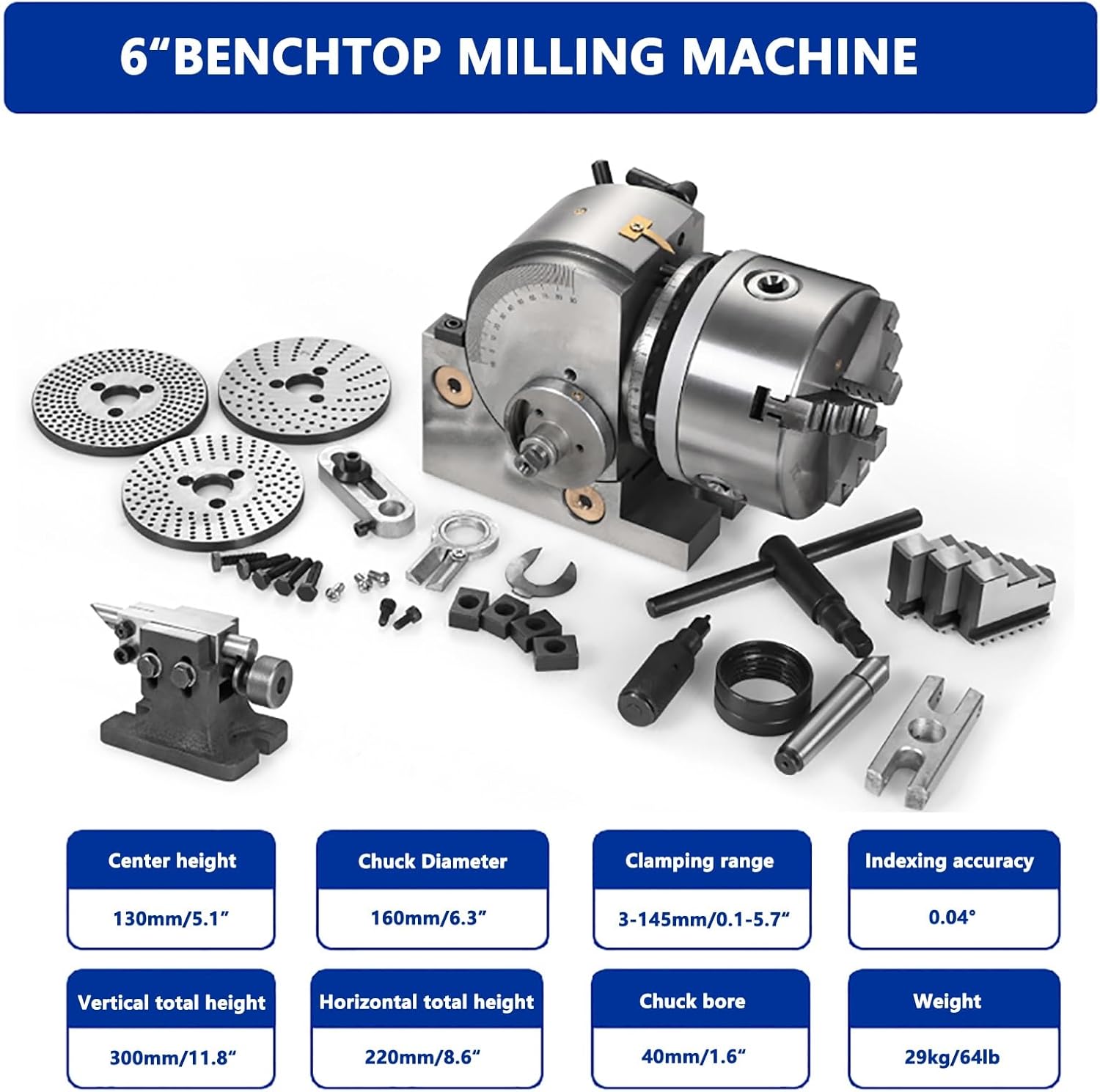 Universal Milling Head Set 4"/5"/6" - Precision Semi Universal Dividing Head for Milling Machine with 3 Indexing Plates, Tailstock & 3 Jaw Chuck for Milling, Grinding, Drilling (160mm)