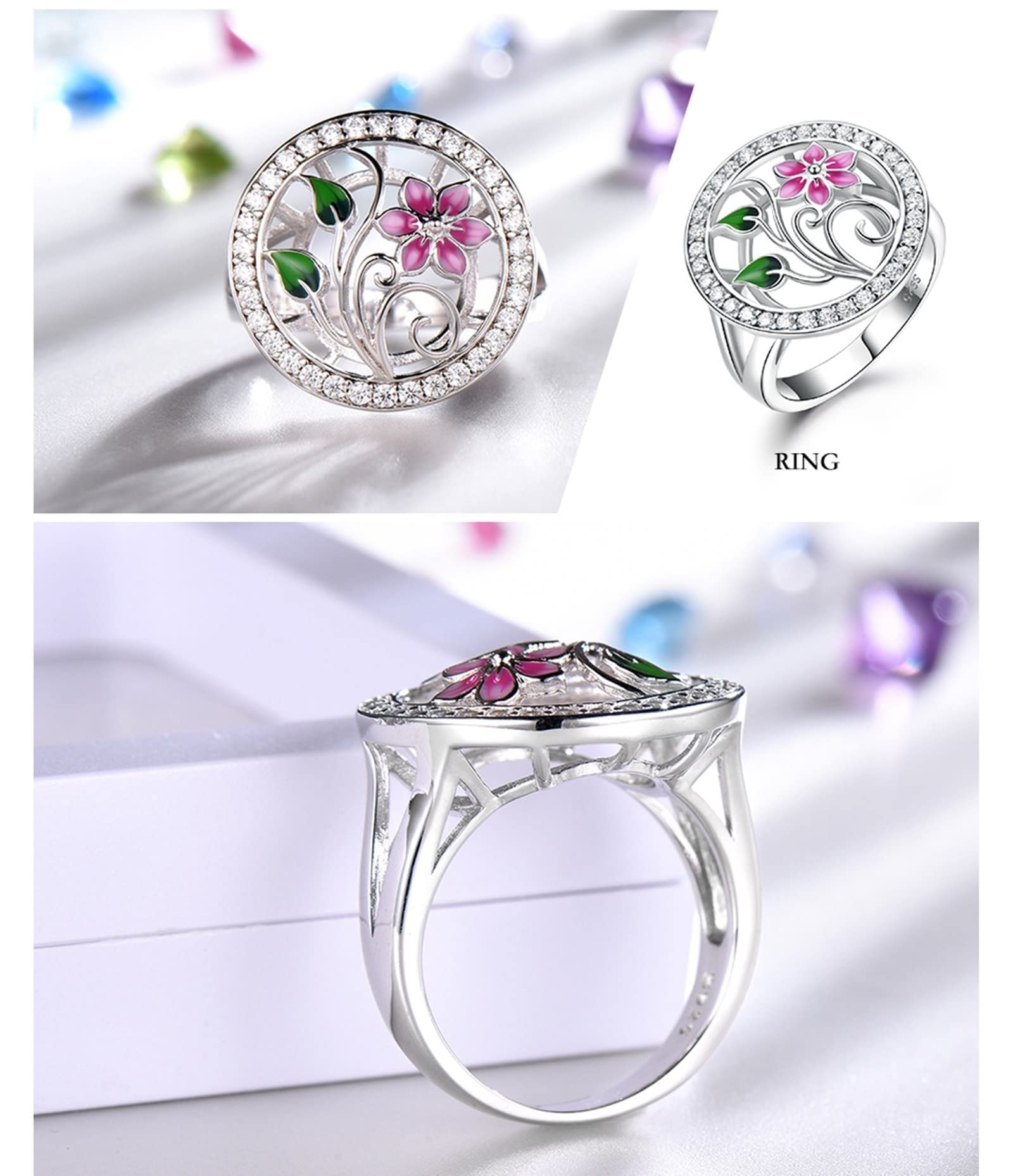 Set di gioielli in argento 925 per le donne, set di gioielli rosa CZ per le donne smalto fiore orecchino collana e anello Lady Jewelry Set, 40+5 CM, Metallo Argento sterling Gemma, Zirconia cubica